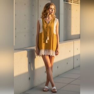 Umgee SZ S Yellow & Lace Tunic/Dress Sleeveless Boho W/Neck Tassel Semi Sheer